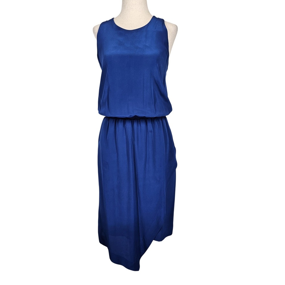 Banana Republic Dress Womens 2 Blue Silk Blouson Tank Elastic Waist Twist Back